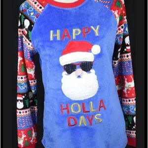 Christmas Theme Sleepwear top Santa Blue Holiday Lounge wear, w/Sequins,…